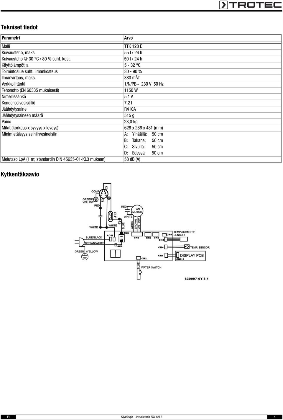 380 m³/h Verkkoliitäntä 1/N/PE~ 230 V 50 Hz Tehonotto (EN 60335 mukaisesti) 1150 W Nimellissähkö 5,1 A Kondenssivesisäiliö 7,2 l Jäähdytysaine R410A Jäähdytysaineen