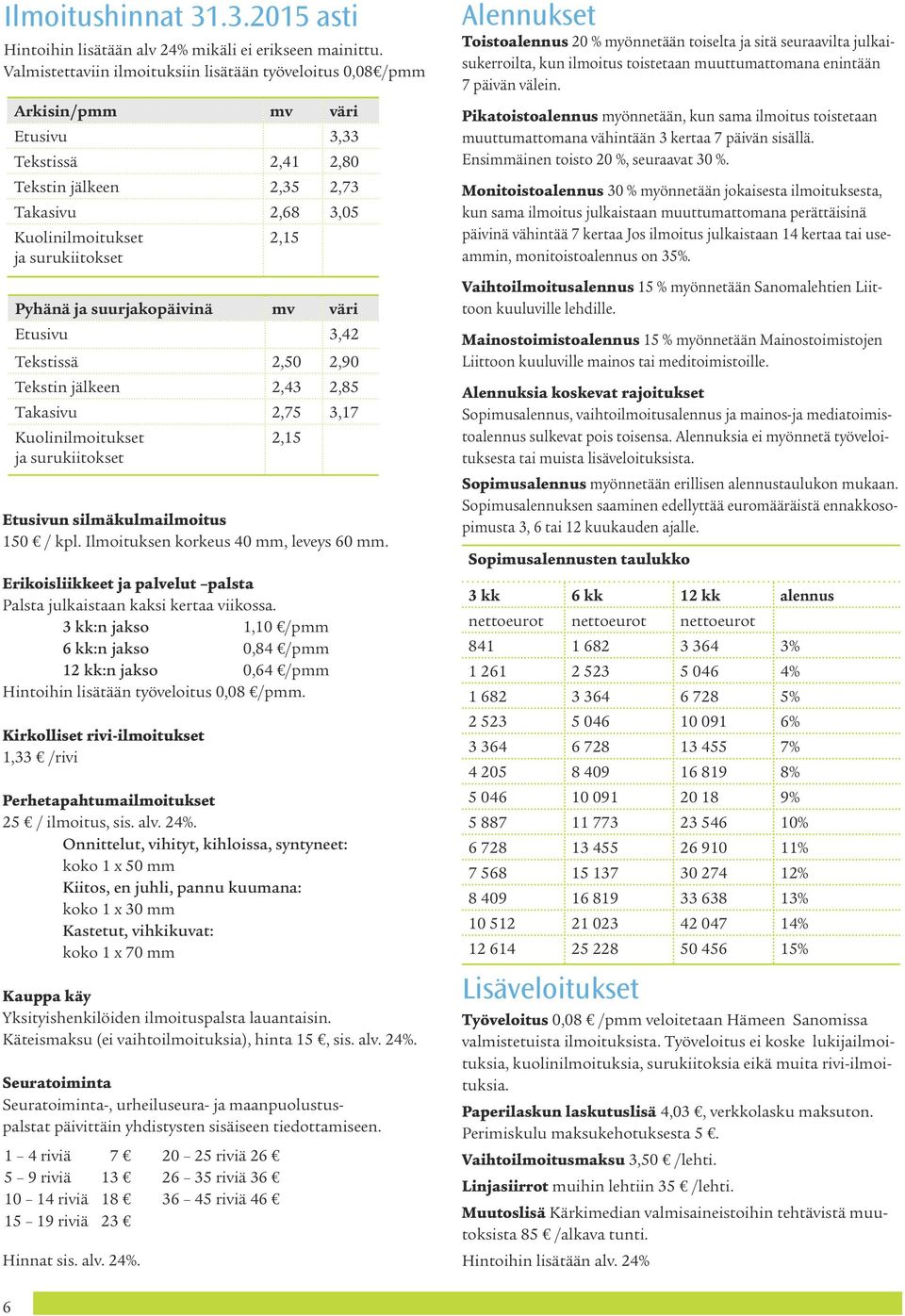 Pyhänä ja suurjakopäivinä mv väri Etusivu 3,42 Tekstissä 2,50 2,90 Tekstin jälkeen 2,43 2,85 Takasivu 2,75 3,17 Kuolinilmoitukset ja surukiitokset 2,15 Etusivun silmäkulmailmoitus 150 / kpl.