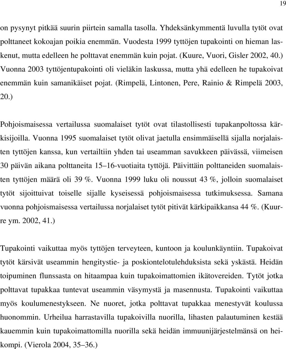 ) Vuonna 2003 tyttöjentupakointi oli vieläkin laskussa, mutta yhä edelleen he tupakoivat enemmän kuin samanikäiset pojat. (Rimpelä, Lintonen, Pere, Rainio & Rimpelä 2003, 20.