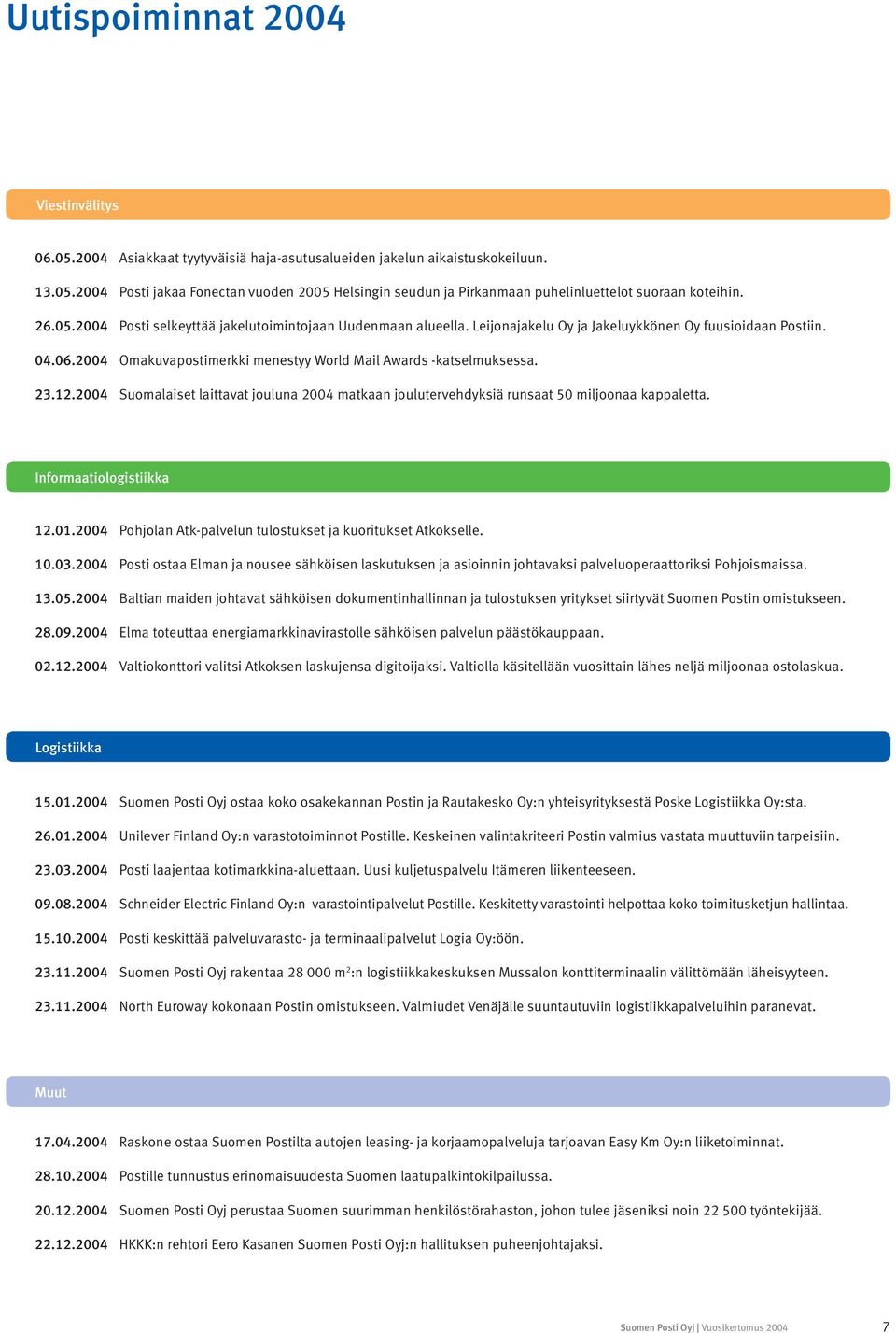 23.12.2004 Suomalaiset laittavat jouluna 2004 matkaan joulutervehdyksiä runsaat 50 miljoonaa kappaletta. Informaatiologistiikka 12.01.2004 Pohjolan Atk-palvelun tulostukset ja kuoritukset Atkokselle.