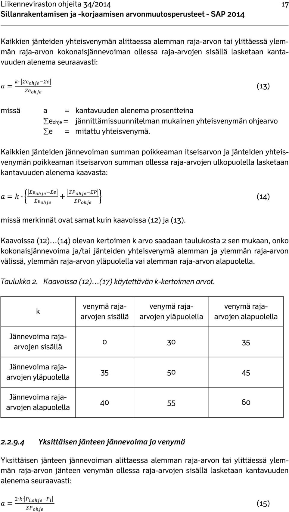 Kaikkien jänteiden jännevoiman summan poikkeaman itseisarvon ja jänteiden yhteisvenymän poikkeaman itseisarvon summan ollessa raja-arvojen ulkopuolella lasketaan kantavuuden alenema kaavasta: (14)