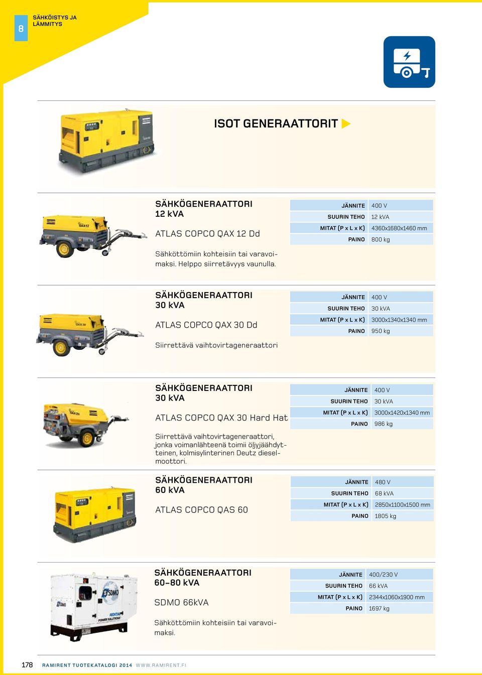 sähkögeneraattori 30 kva atlas copco qax 30 Hard Hat Siirrettävä vaihtovirtageneraattori, jonka voimanlähteenä toimii öljyjäähdytteinen, kolmisylinterinen Deutz dieselmoottori.