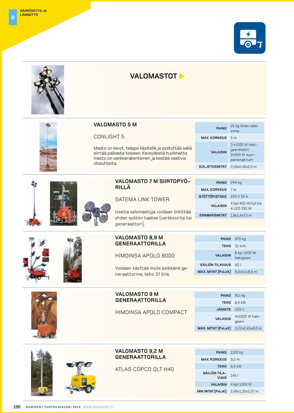 korkeus valaisin kuljetus 21 kg ilman valaisimia 5 m 3 x1000 W halogeeniheitin 2x400 W suurpainenatrium 0,16x0,16x2,0 m valomasto 7 m siirtopyörillä satema link tower Useita valomastoja voidaan