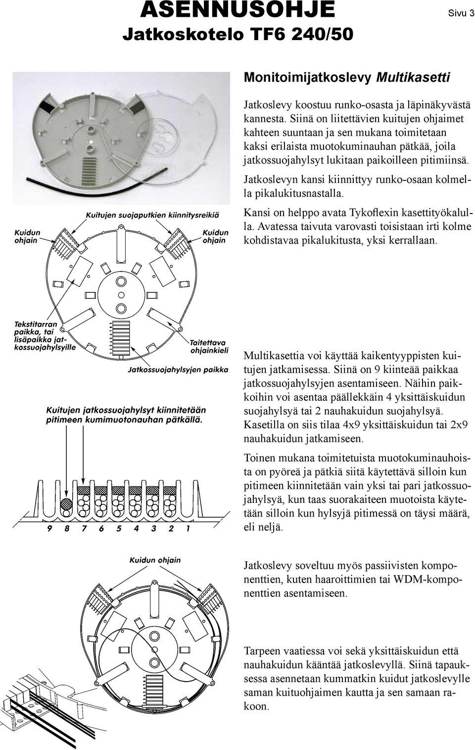 Jatkoslevyn kansi kiinnittyy runko-osaan kolmella pikalukitusnastalla. Kansi on helppo avata Tykoflexin kasettityökalulla.