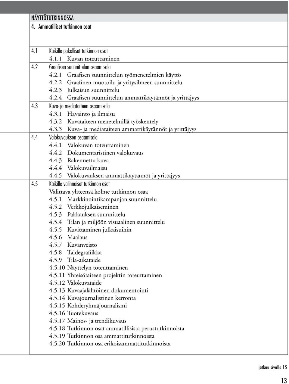 3.2 Kuvataiteen menetelmillä työskentely 4.3.3 Kuva- ja mediataiteen ammattikäytännöt ja yrittäjyys 4.4 Valokuvauksen osaamisala 4.4.1 Valokuvan toteuttaminen 4.4.2 Dokumentaristinen valokuvaus 4.4.3 Rakennettu kuva 4.