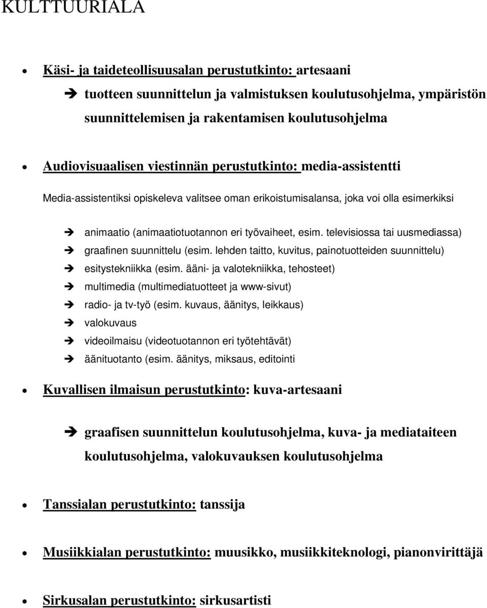 televisiossa tai uusmediassa) graafinen suunnittelu (esim. lehden taitto, kuvitus, painotuotteiden suunnittelu) esitystekniikka (esim.