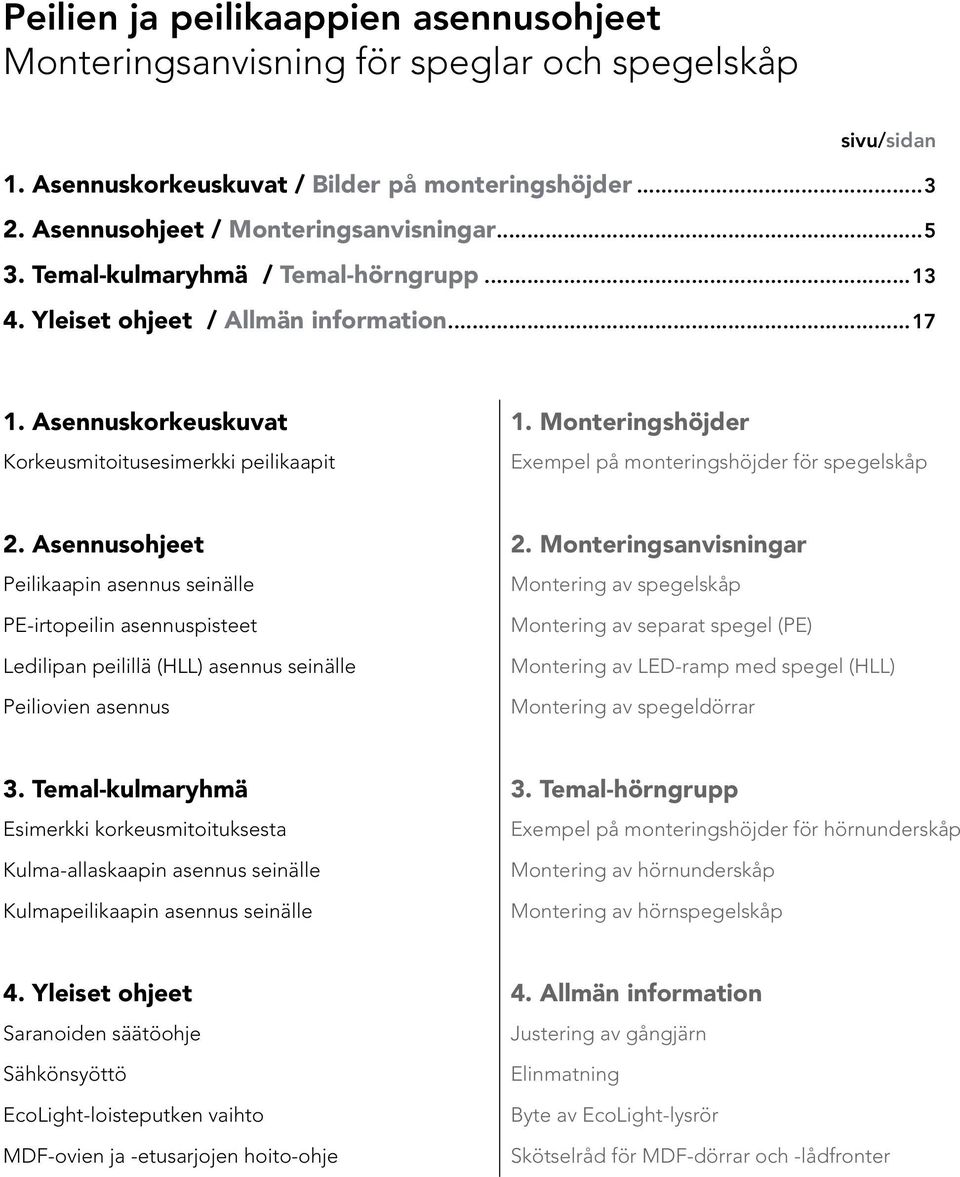 Monteringshöjder Exempel på monteringshöjder för spegelskåp 2. Asennusohjeet Peilikaapin asennus seinälle PE-irtopeilin asennuspisteet Ledilipan peilillä (HLL) asennus seinälle Peiliovien asennus 2.