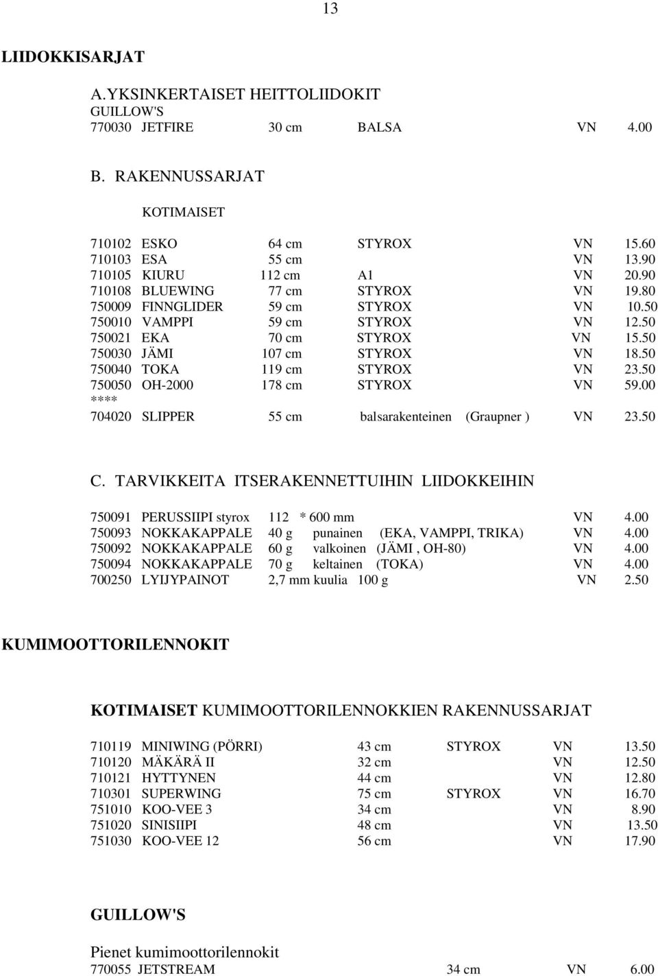 50 750030 JÄMI 107 cm STYROX VN 18.50 750040 TOKA 119 cm STYROX VN 23.50 750050 OH-2000 178 cm STYROX VN 59.00 **** 704020 SLIPPER 55 cm balsarakenteinen (Graupner ) VN 23.50 C.