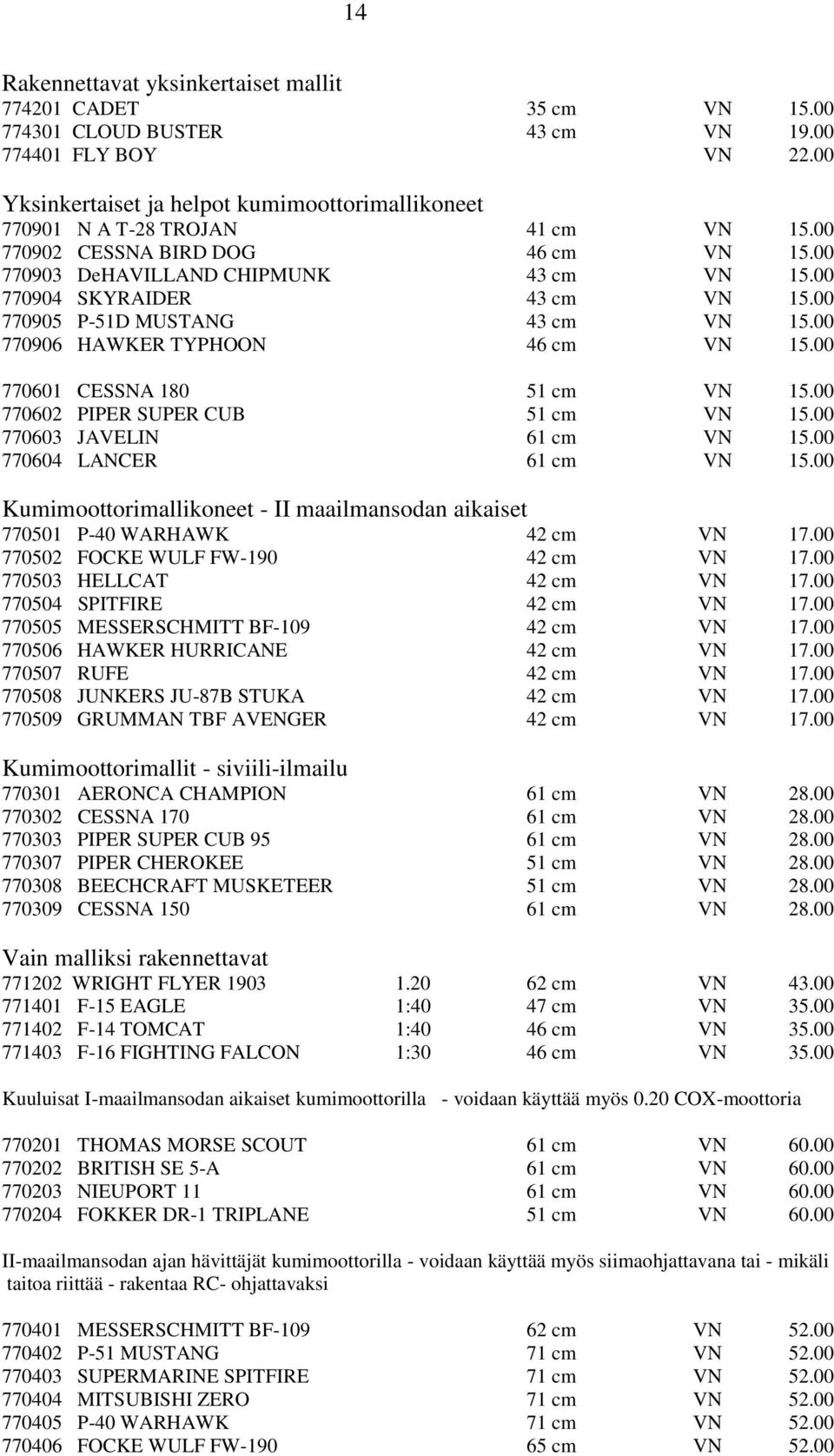 00 770905 P-51D MUSTANG 43 cm VN 15.00 770906 HAWKER TYPHOON 46 cm VN 15.00 770601 CESSNA 180 51 cm VN 15.00 770602 PIPER SUPER CUB 51 cm VN 15.00 770603 JAVELIN 61 cm VN 15.