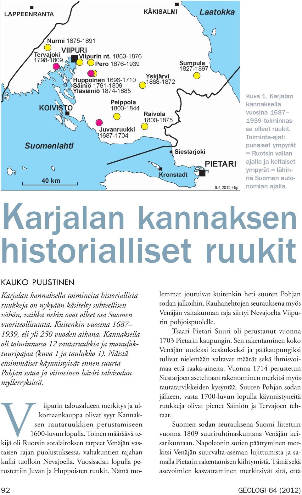 vuoriteollisuutta. Kuitenkin vuosina 1687 1939, eli yli 250 vuoden aikana, Kannaksella oli toiminnassa 12 rautaruukkia ja manufaktuuripajaa (kuva 1 ja taulukko 1).