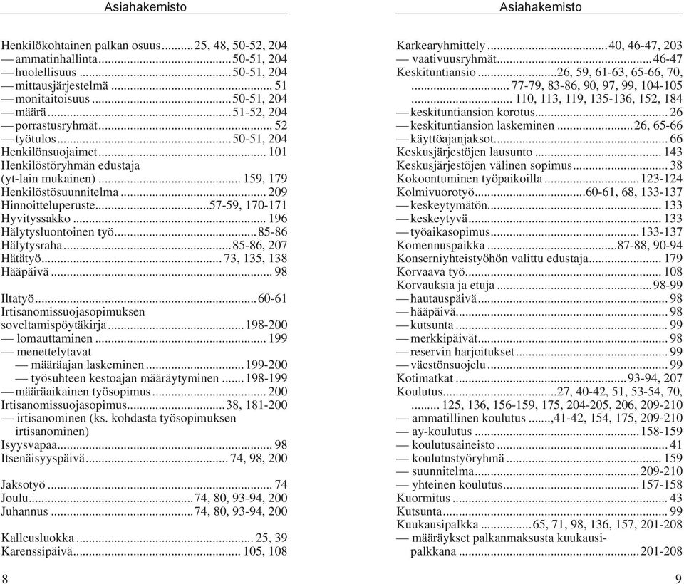 ..57-59, 170-171 Hyvityssakko... 196 Hälytysluontoinen työ...85-86 Hälytysraha...85-86, 207 Hätätyö... 73, 135, 138 Hääpäivä... 98 Iltatyö...60-61 Irtisanomissuojasopimuksen soveltamispöytäkirja.