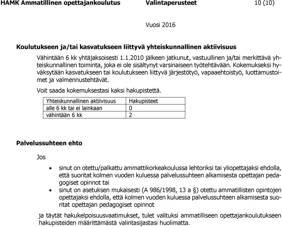 Yhteiskunnallinen aktiivisuus Hakupisteet alle 6 kk tai ei lainkaan 0 vähintään 6 kk 2 Palvelussuhteen ehto Jos sinut on otettu/palkattu ammattikorkeakoulussa lehtoriksi tai yliopettajaksi ehdolla,