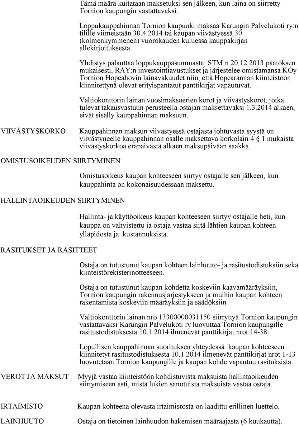 2013 päätöksen mukaisesti, RAY:n investointiavustukset ja järjestelee omistamansa KOy Tornion Hopeahovin lainavakuudet niin, että Hopearannan kiinteistöön kiinnitettynä olevat erityispantatut