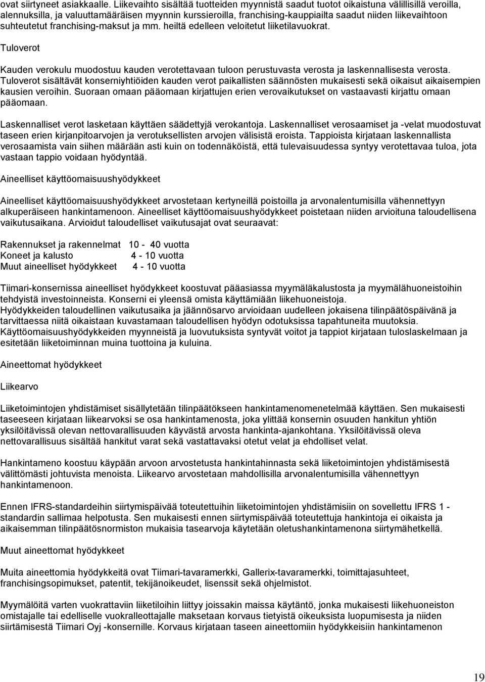 suhteutetut franchising-maksut ja mm. heiltä edelleen veloitetut liiketilavuokrat. Tuloverot Kauden verokulu muodostuu kauden verotettavaan tuloon perustuvasta verosta ja laskennallisesta verosta.