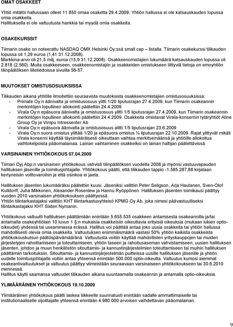 Tiimarin osakekurssi tilikauden lopussa oli 1,29 euroa (1,41 31.12.2008). Markkina-arvo oli 21,5 milj. euroa (15,9 31.12.2008). Osakkeenomistajien lukumäärä katsauskauden lopussa oli 2.818 (2.560).