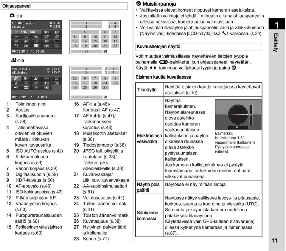 59) 9 HDR-kuvaus (s.60) 10 AF-apuvalo (s.46) 11 ISO-kohinanpoisto (s.43) 12 Pitkän suljinajan KP 13 Vääristymän korjaus (s.60) 14 Purppurareunaisuuden säätö (s.