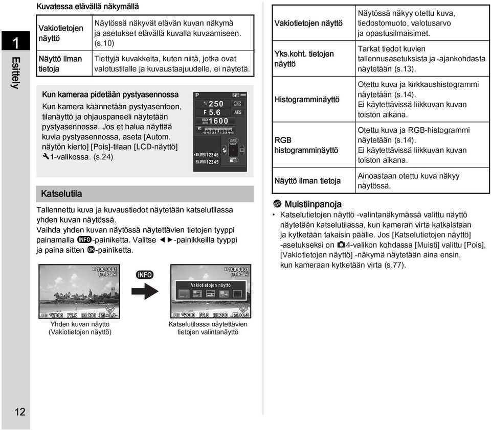 Kun kameraa pidetään pystyasennossa Kun kamera käännetään pystyasentoon, tilanäyttö ja ohjauspaneeli näytetään pystyasennossa. Jos et halua näyttää kuvia pystyasennossa, aseta [Autom.