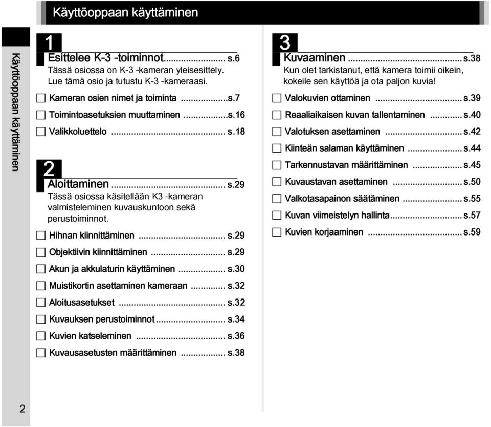 Hihnan kiinnittäminen... s.29 Objektiivin kiinnittäminen... s.29 Akun ja akkulaturin käyttäminen... s.30 Muistikortin asettaminen kameraan... s.32 Aloitusasetukset... s.32 Kuvauksen perustoiminnot... s.34 Kuvien katseleminen.