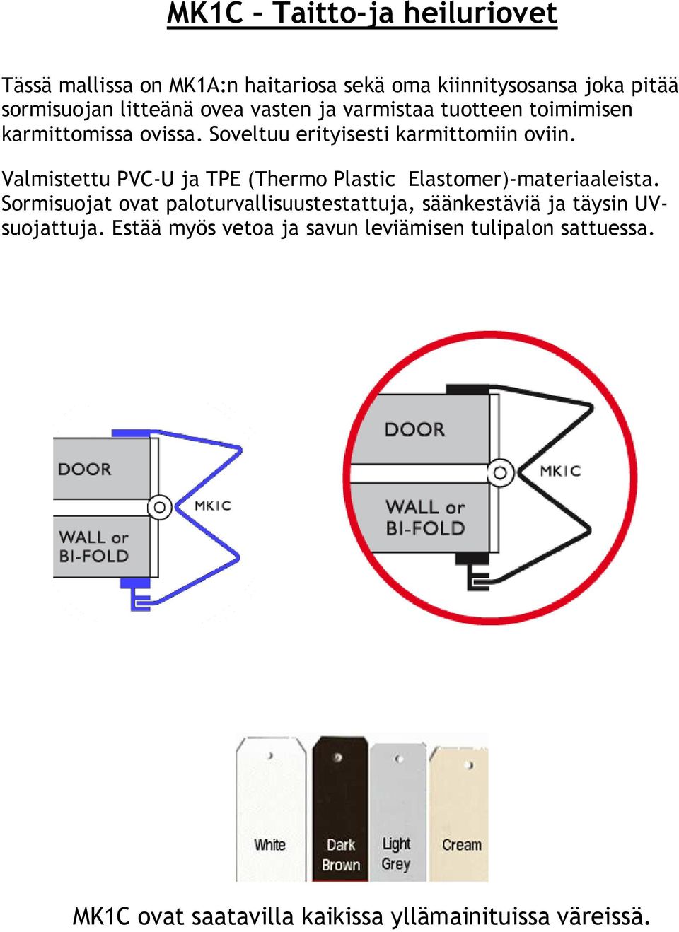 Valmistettu PVC-U ja TPE (Thermo Plastic Elastomer)-materiaaleista.