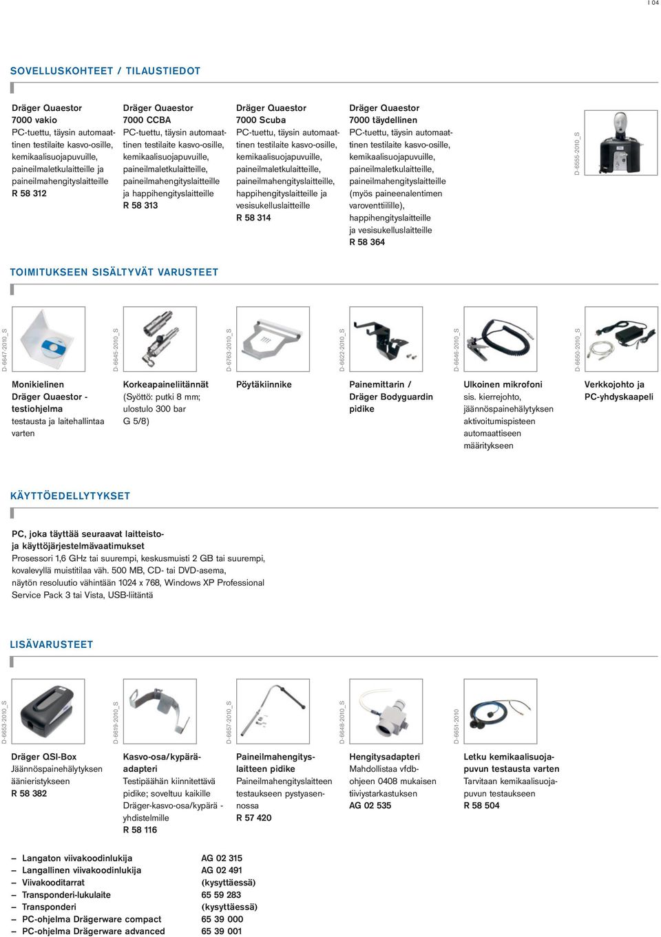 vesisukelluslaitteille R 58 314 7000 täydellinen kemikaalisuojapuvuille, paineilmaletkulaitteille, paineilmahengityslaitteille (myös paineenalentimen varoventtiilille), happihen gityslaitteille ja