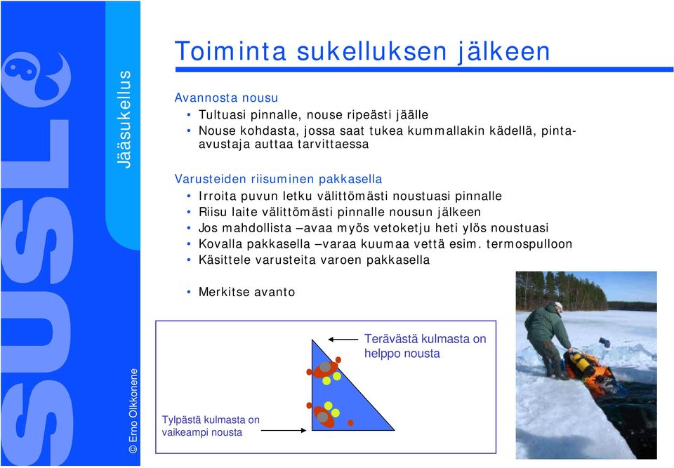 laite välittömästi pinnalle nousun jälkeen Jos mahdollista avaa myös vetoketju heti ylös noustuasi Kovalla pakkasella varaa kuumaa vettä