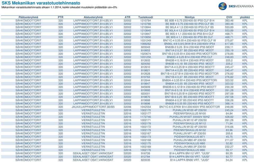 230/400-50 IP55 CLF B14 553,89 KPL SÄHKÖMOOTTORIT 320 LAIPPAMOOTTORIT,B14,B5,V1 32002 1210847 BE 90S 4 1,1 230/400-50 IP55 B14 CLF 468,71 KPL SÄHKÖMOOTTORIT 320 LAIPPAMOOTTORIT,B14,B5,V1 32002