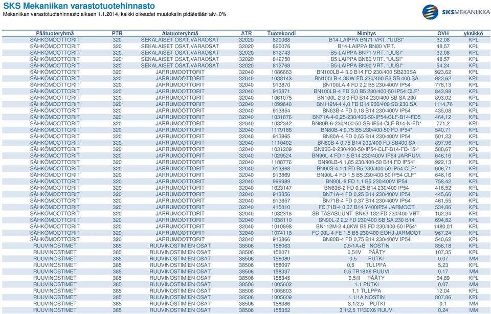 "UUSI" 48,57 KPL SÄHKÖMOOTTORIT 320 SEKALAISET OSAT,VARAOSAT 32020 812768 B5-LAIPPA BN90 VRT.