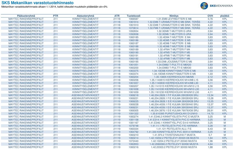 TERÄS 4,22 KPL MAYTEC RAKENNEPROFIILIT 211 KIINNITYSELEMENTIT 21118 1092654 1.32.3EM8 T-MUTTERI E-URA 2,64 KPL MAYTEC RAKENNEPROFIILIT 211 KIINNITYSELEMENTIT 21118 1092658 1.32.3EM6 T-MUTTERI E-URA 2,64 KPL MAYTEC RAKENNEPROFIILIT 211 KIINNITYSELEMENTIT 21118 1060185 1.