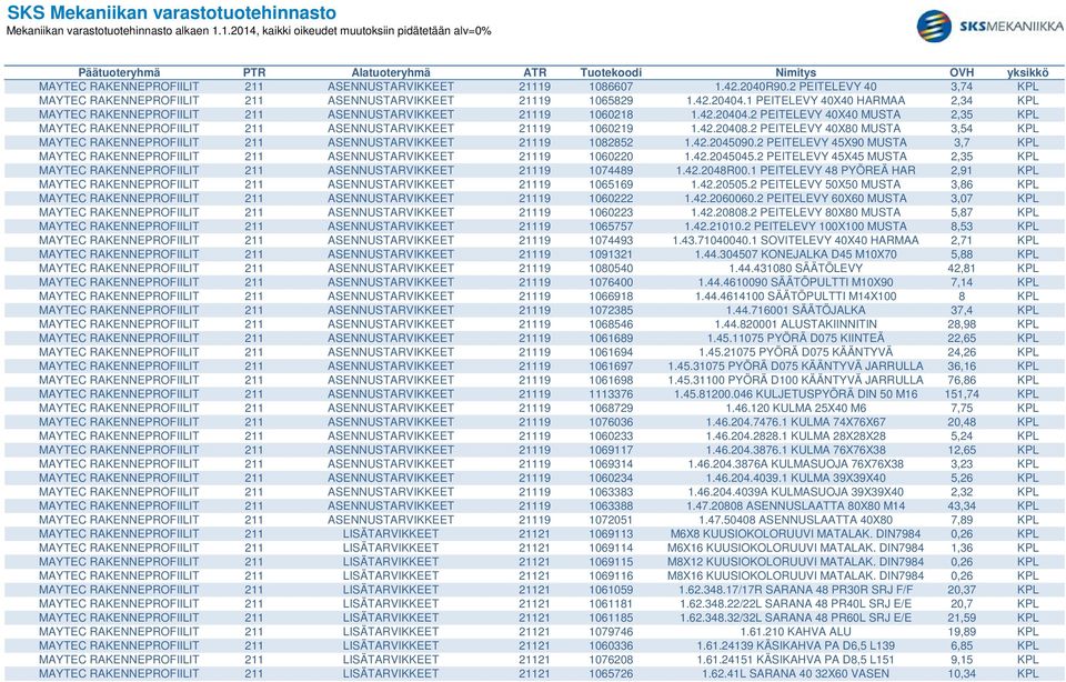 42.20408.2 PEITELEVY 40X80 MUSTA 3,54 KPL MAYTEC RAKENNEPROFIILIT 211 ASENNUSTARVIKKEET 21119 1082852 1.42.2045090.