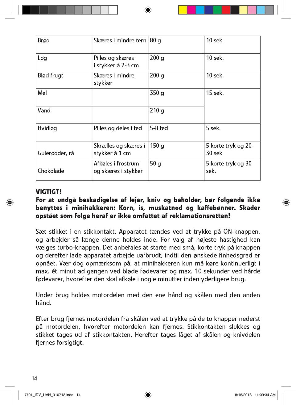 Gulerødder, rå Chokolade Skrælles og skæres i stykker à 1 cm Afkøles i frostrum og skæres i stykker 150 g 5 korte tryk og 20-30 sek 50 g 5 korte tryk og 30 sek. VIGTIGT!