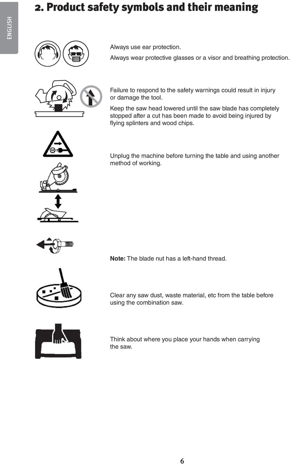 Keep the saw head lowered until the saw blade has completely stopped after a cut has been made to avoid being injured by flying splinters and wood chips.