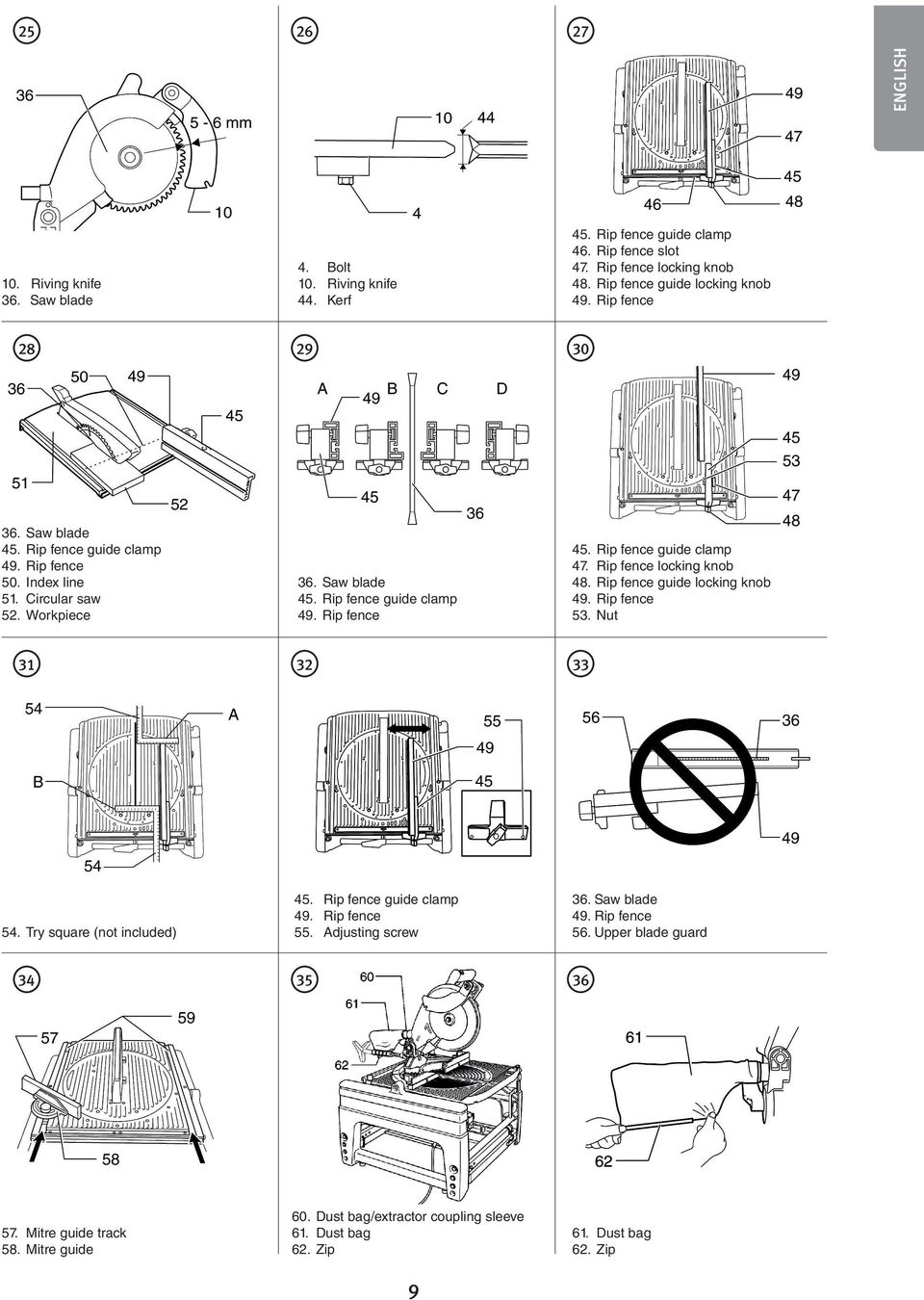 Rip fence guide clamp 47. Rip fence locking knob 48. Rip fence guide locking knob 49. Rip fence 53. Nut 31 32 33 54. Try square (not included) 45. Rip fence guide clamp 49. Rip fence 55.