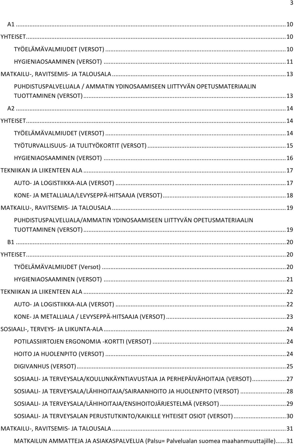 ..15 HYGIENIAOSAAMINEN (VERSOT)...16 TEKNIIKAN JA LIIKENTEEN ALA...17 AUTO- JA LOGISTIIKKA- ALA (VERSOT)...17 KONE- JA METALLIALA/LEVYSEPPÄ- HITSAAJA (VERSOT)...18 MATKAILU-, RAVITSEMIS- JA TALOUSALA.