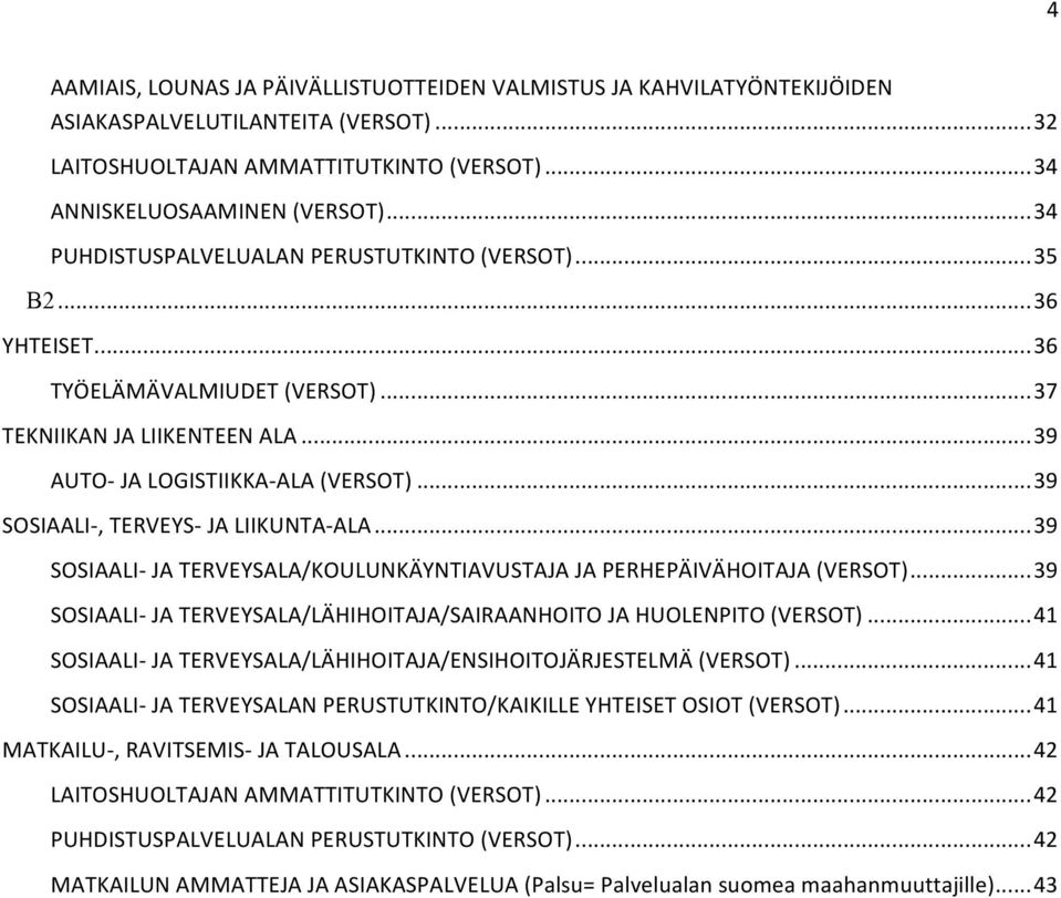 ..39 SOSIAALI-, TERVEYS- JA LIIKUNTA- ALA...39 SOSIAALI- JA TERVEYSALA/KOULUNKÄYNTIAVUSTAJA JA PERHEPÄIVÄHOITAJA (VERSOT)...39 SOSIAALI- JA TERVEYSALA/LÄHIHOITAJA/SAIRAANHOITO JA HUOLENPITO (VERSOT).