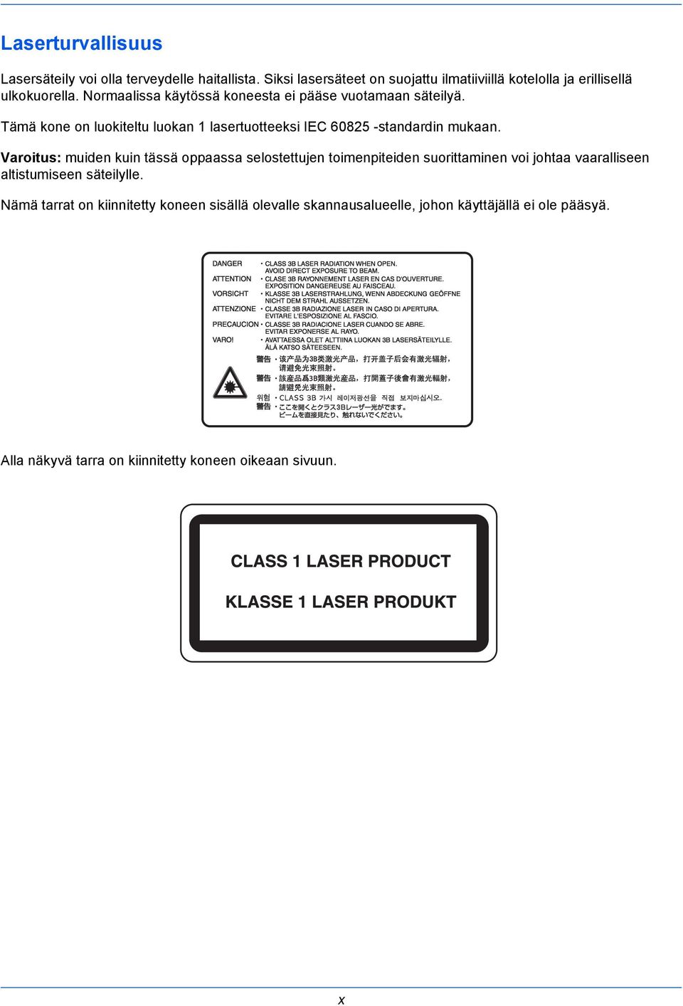 Tämä kone on luokiteltu luokan 1 lasertuotteeksi IEC 60825 -standardin mukaan.