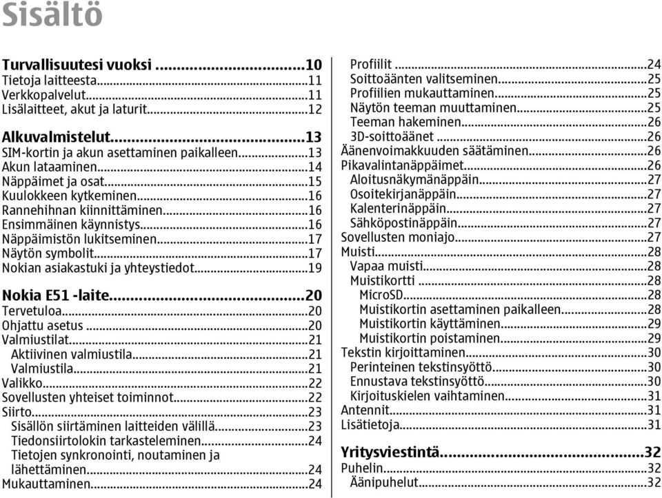 ..19 Nokia E51 -laite...20 Tervetuloa...20 Ohjattu asetus...20 Valmiustilat...21 Aktiivinen valmiustila...21 Valmiustila...21 Valikko...22 Sovellusten yhteiset toiminnot...22 Siirto.