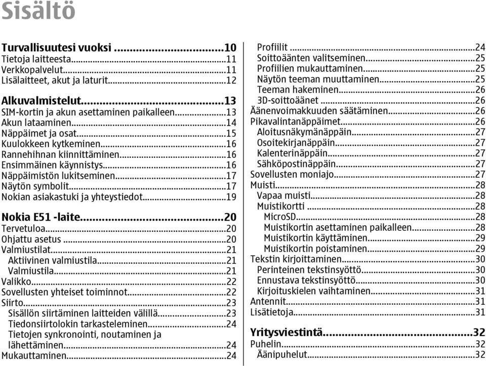 ..19 Nokia E51 -laite...20 Tervetuloa...20 Ohjattu asetus...20 Valmiustilat...21 Aktiivinen valmiustila...21 Valmiustila...21 Valikko...22 Sovellusten yhteiset toiminnot...22 Siirto.