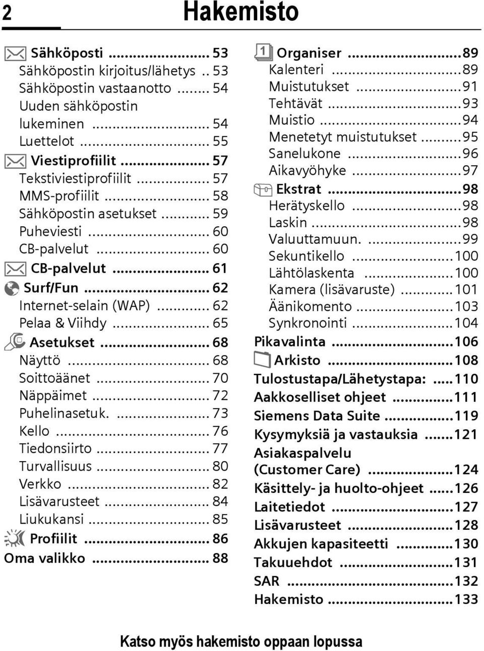 .. 68 Soittoäänet... 70 Näppäimet... 72 Puhelinasetuk.... 73 Kello... 76 Tiedonsiirto... 77 Turvallisuus... 80 Verkko... 82 Lisävarusteet... 84 Liukukansi... 85 ~ Profiilit... 86 Oma valikko.