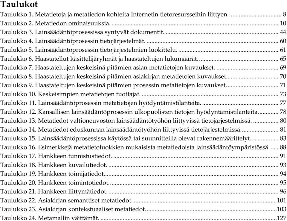 Haastatellut käsittelijäryhmät ja haastateltujen lukumäärät... 65 Taulukko 7. Haastateltujen keskeisinä pitämien asian metatietojen kuvaukset.... 69 Taulukko 8.