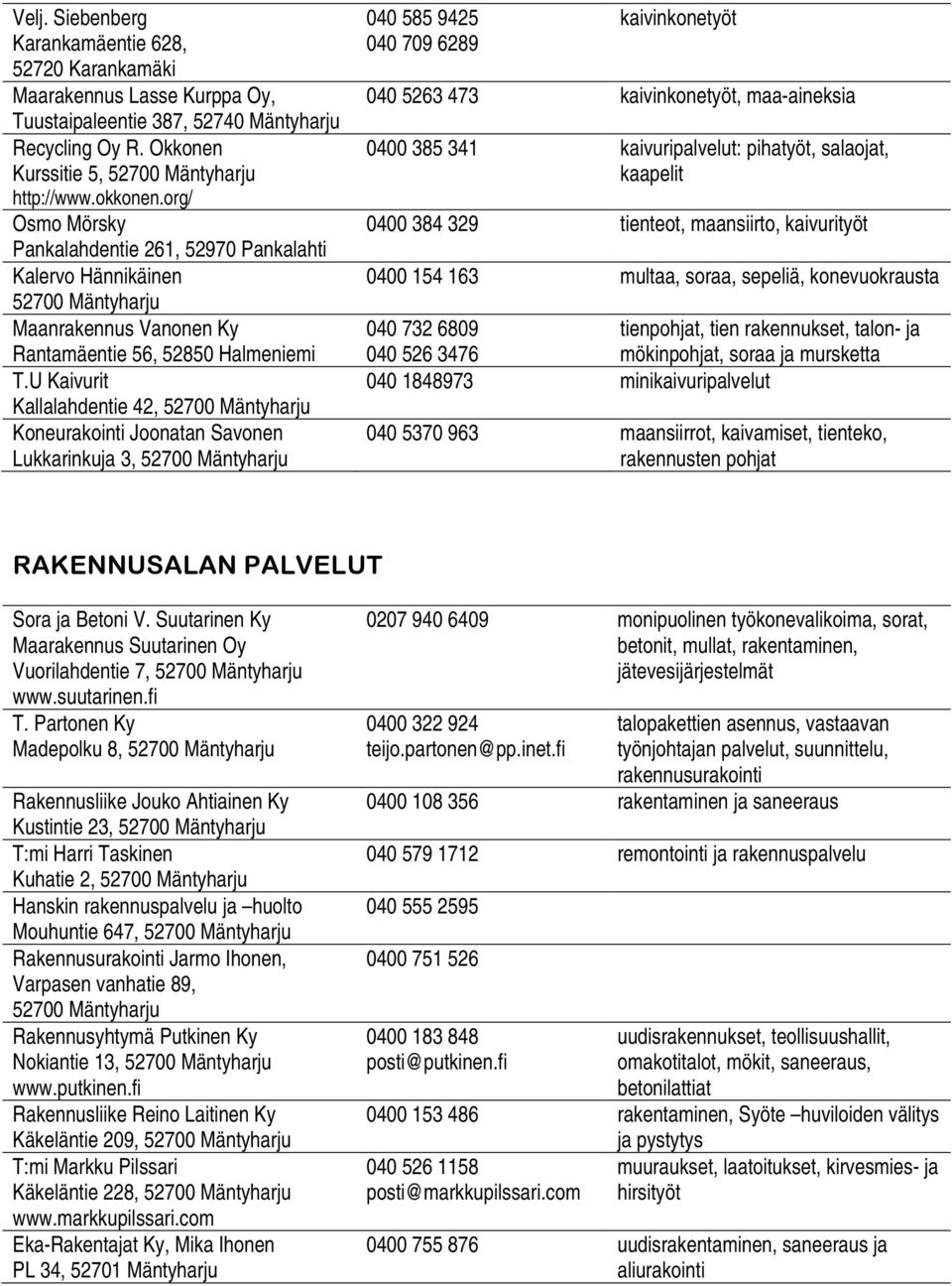 U Kaivurit Kallalahdentie 42, 52700 Mäntyharju Koneurakointi Joonatan Savonen Lukkarinkuja 3, 52700 Mäntyharju 040 585 9425 040 709 6289 kaivinkonetyöt 040 5263 473 kaivinkonetyöt, maa-aineksia 0400