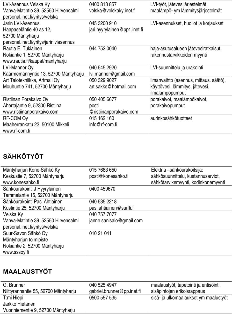 fi/kaupat/mantyharju LVI-Manner Oy Käärmemännyntie 13, 52700 Mäntyharju Art Talotekniikka, Artmall Oy Mouhuntie 741, 52700 Mäntyharju Ristiinan Porakaivo Oy Ahertajantie 9, 52300 Ristiina www.