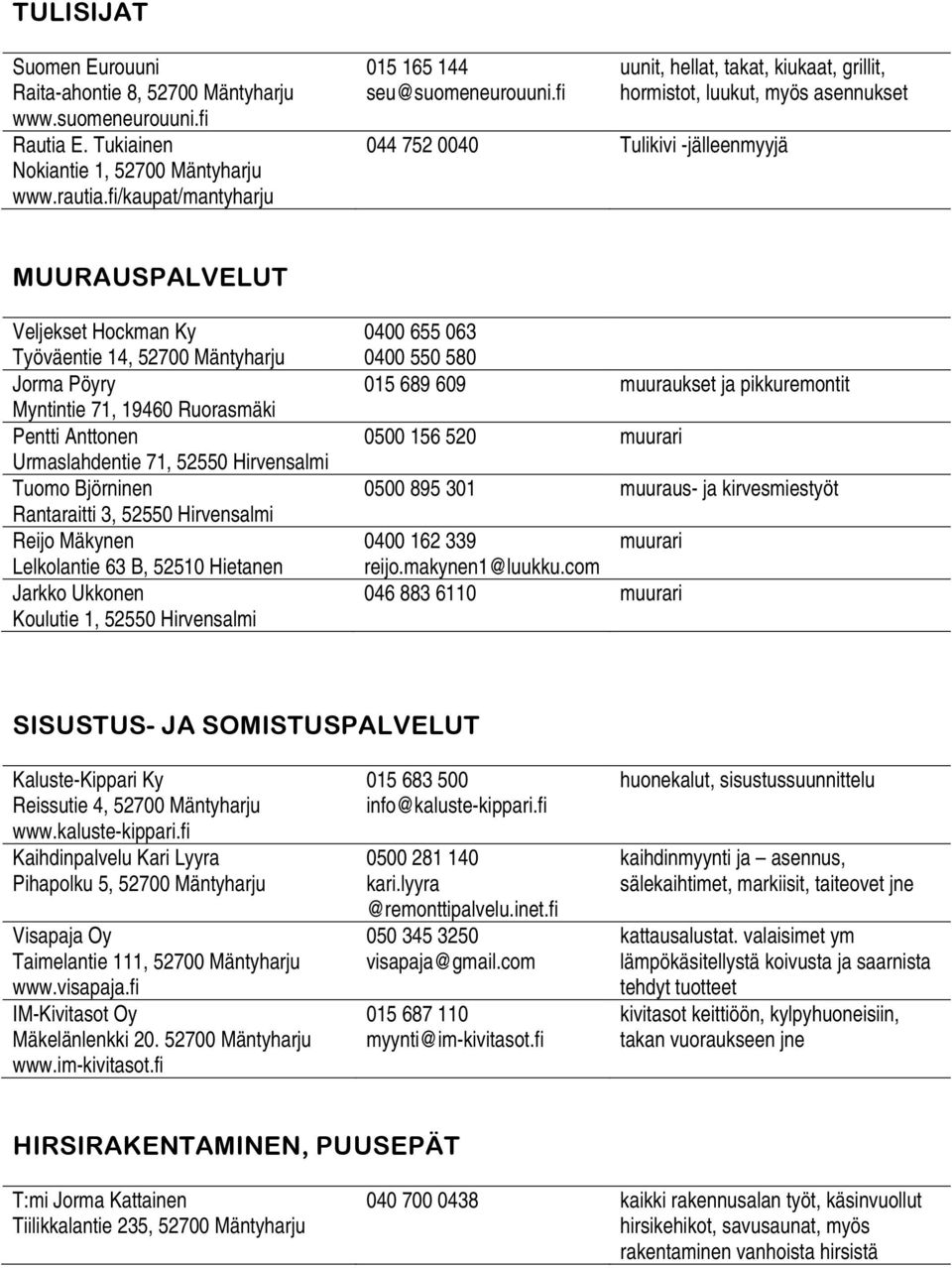 Myntintie 71, 19460 Ruorasmäki Pentti Anttonen Urmaslahdentie 71, 52550 Hirvensalmi Tuomo Björninen Rantaraitti 3, 52550 Hirvensalmi Reijo Mäkynen Lelkolantie 63 B, 52510 Hietanen Jarkko Ukkonen