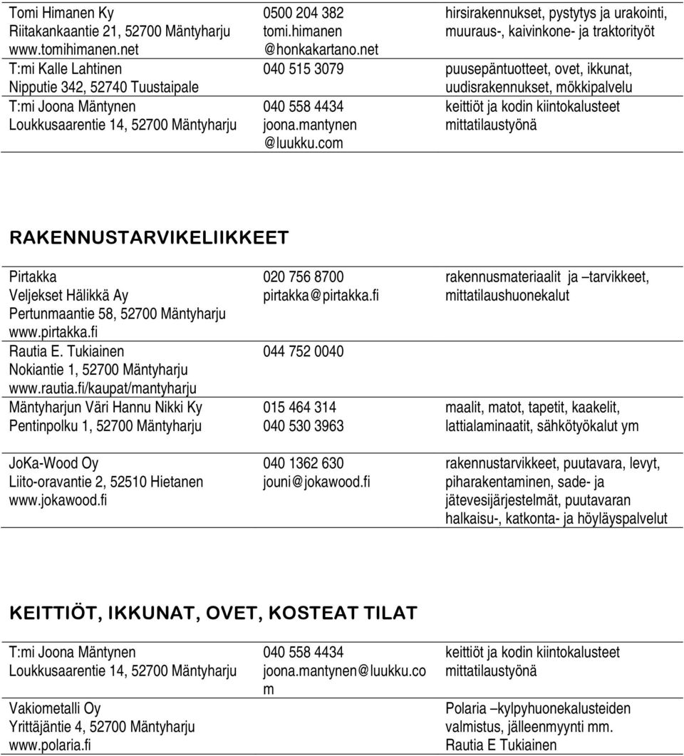 net hirsirakennukset, pystytys ja urakointi, muuraus-, kaivinkone- ja traktorityöt 040 515 3079 puusepäntuotteet, ovet, ikkunat, uudisrakennukset, mökkipalvelu 040 558 4434 keittiöt ja kodin