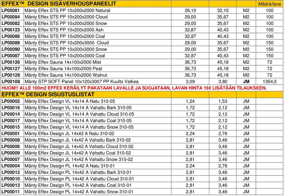 10x200x3000 Cloud 29,00 35,67 M2 150 LP00090 Mänty Effex STS PP 10x200x3000 Snow 29,00 35,67 M2 150 LP00087 Mänty Effex STS PP 10x200x3000 Coal 32,87 40,43 M2 150 LP00126 Mänty Effex Sauna