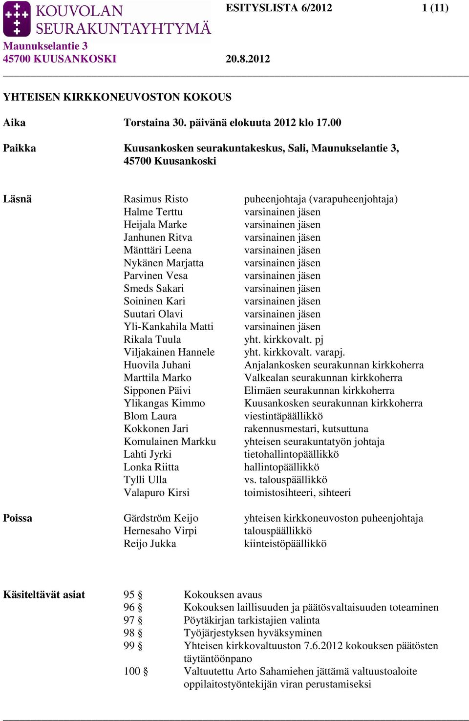 Parvinen Vesa Smeds Sakari Soininen Kari Suutari Olavi Yli-Kankahila Matti Rikala Tuula yht. kirkkovalt. pj Viljakainen Hannele yht. kirkkovalt. varapj.