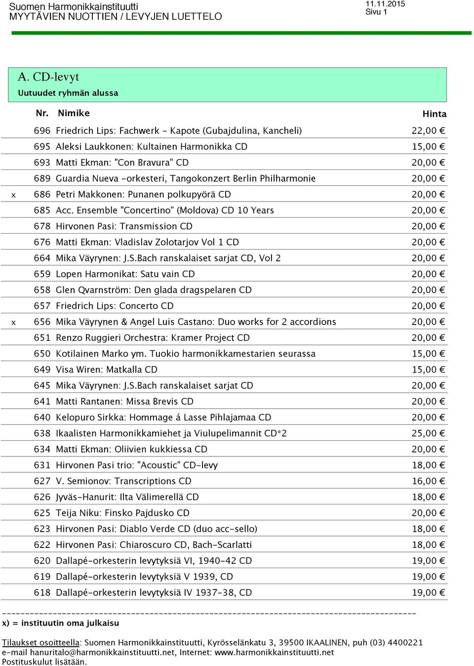 Laukkonen: Kultainen Harmonikka CD 15,00 Matti Ekman: "Con Bravura" CD 20,00 Guardia Nueva -orkesteri, Tangokonzert Berlin Philharmonie 20,00 Petri Makkonen: Punanen polkupyörä CD 20,00 Acc.