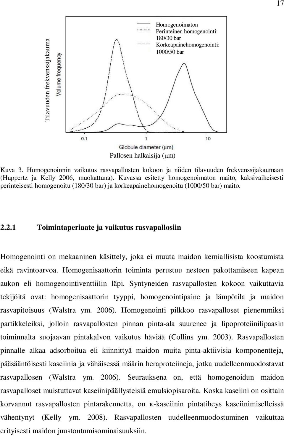 Kuvassa esitetty homogenoimaton maito, kaksivaiheisesti perinteisesti homogenoitu (180/30 bar) ja korkeapainehomogenoitu (1000/50 bar) maito. 2.