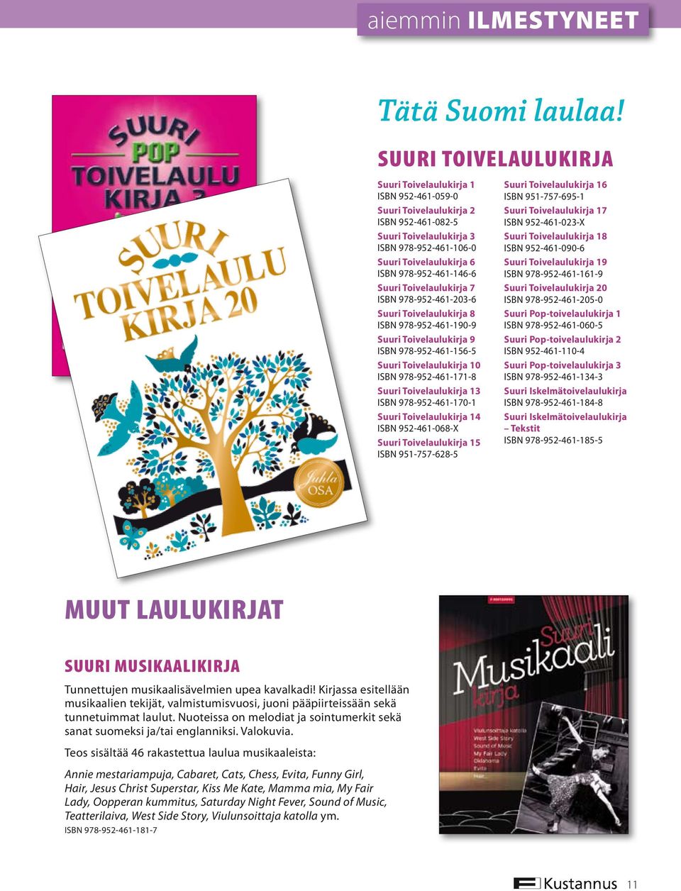 978-952-461-146-6 Suuri Toivelaulukirja 7 ISBN 978-952-461-203-6 Suuri Toivelaulukirja 8 ISBN 978-952-461-190-9 Suuri Toivelaulukirja 9 ISBN 978-952-461-156-5 Suuri Toivelaulukirja 10 ISBN