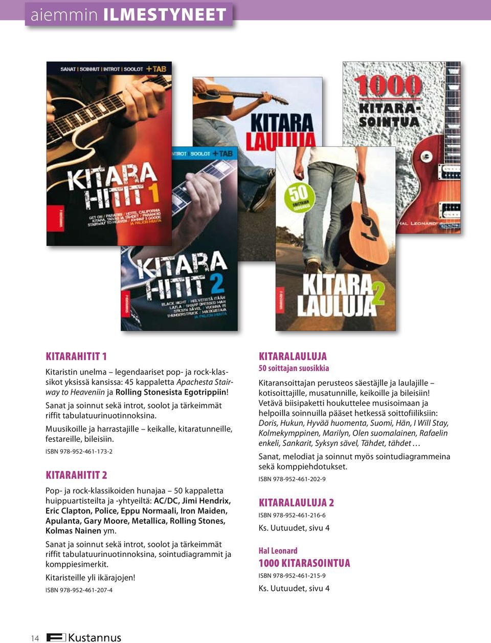 ISBN 978-952-461-173-2 Kitarahitit 2 Pop- ja rock-klassikoiden hunajaa 50 kappaletta huippuartisteilta ja -yhtyeiltä: AC/DC, Jimi Hendrix, Eric Clapton, Police, Eppu Normaali, Iron Maiden, Apulanta,