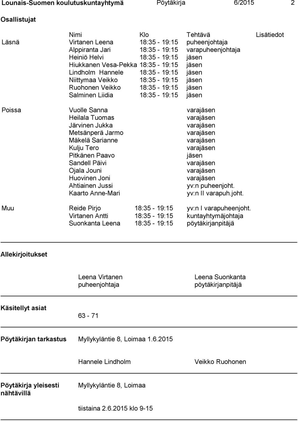 jäsen Poissa Vuolle Sanna varajäsen Heilala Tuomas varajäsen Järvinen Jukka varajäsen Metsänperä Jarmo varajäsen Mäkelä Sarianne varajäsen Kulju Tero varajäsen Pitkänen Paavo jäsen Sandell Päivi